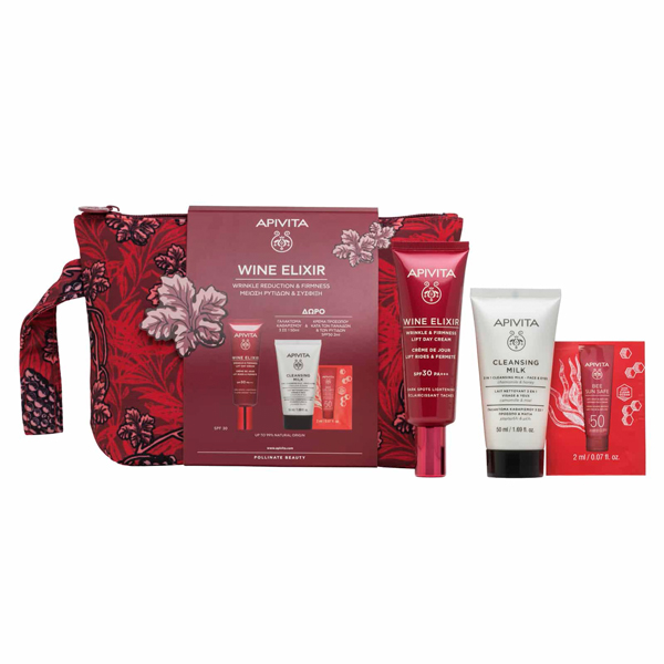 Apivita Wine Elixir Set με Αντιρυτιδική Κρέμα Ημέρας για Σύσφιξη & Lifting & Αποχρωματισμό Πανάδων Spf30 40 ml & Δώρο Μίνι Γαλάκτωμα 3 σε 1 50 ml και Bee sun Safe κατά των Ρυτίδων και Πανάδων Spf50 2 ml