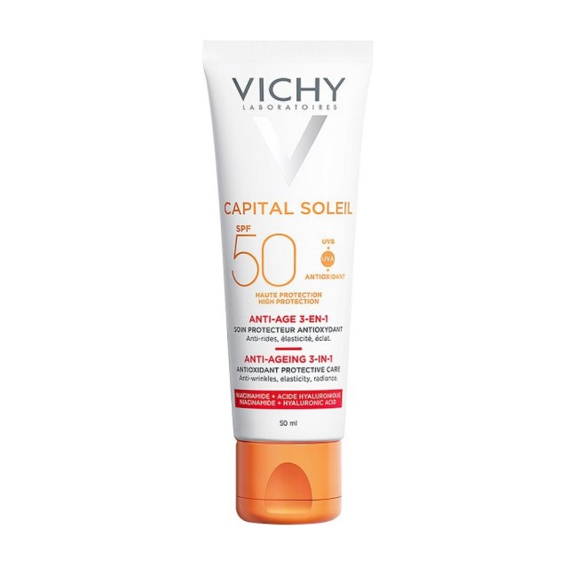 Vichy Capital Soleil Anti Ageing 3 in 1 Αδιάβροχη Αντηλιακή Κρέμα Προσώπου SPF50 50ml
