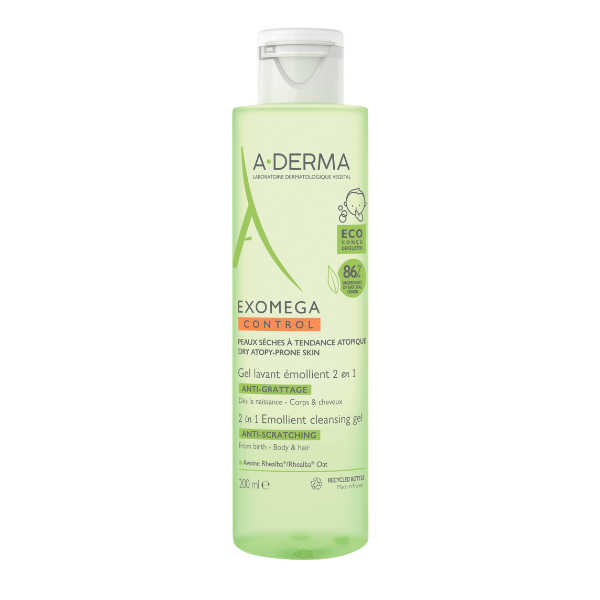 A-Derma Exomega Control Gel Lavant Emollient 2 en 1 Ενυδατικό Τζελ Καθαρισμού για Ατοπικό  Ξηρό Δέρμα για Σώμα & Μαλλιά 200ml