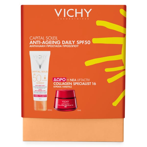 Vichy Promo Capital Soleil Anti-Ageing 3-in-1 SPF50 Αντηλιακή Κρέμα Προσώπου 50ml & Δώρο Liftactiv Collagen Specialist 16 Κρέμα Ημέρας  15ml 1σε