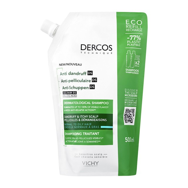 Vichy Dercos Anti-Dandruff DS Αντιπιτυριδικό Σαμπουάν για Κανονικά- Λιπαρά μαλλιά Refill  500 ml